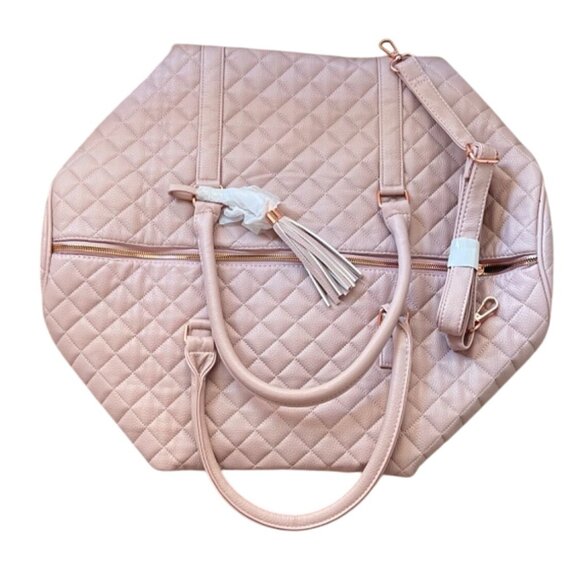 Quilted Pink Weekender Duffel Bag With Tassel Accent & Adjustable Strap - Picture 4 of 6
